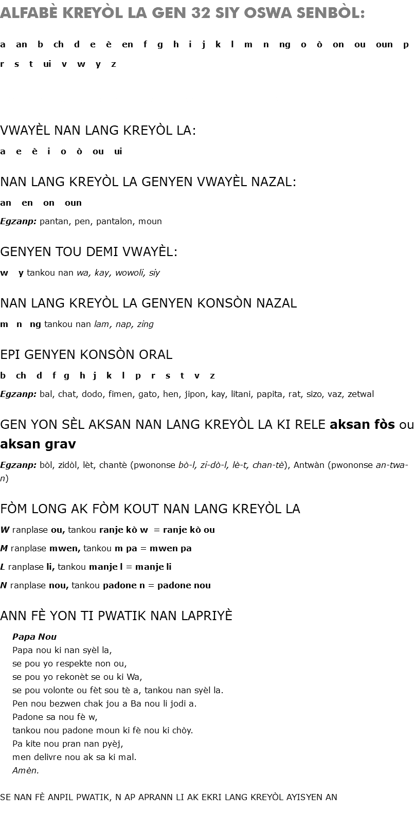 ALFABÈ KREYÒL LA GEN 32 SIY OSWA SENBÒL: a an b ch d e è en f g h i j k l m n ng o ò on ou oun p r s t ui v w y z PA GEN SON u, c, q, x NAN LANG KREYÒL LA VWAYÈL NAN LANG KREYÒL LA: a e è i o ò ou ui NAN LANG KREYÒL LA GENYEN VWAYÈL NAZAL: an en on oun Egzanp: pantan, pen, pantalon, moun GENYEN TOU DEMI VWAYÈL: w y tankou nan wa, kay, wowoli, siy NAN LANG KREYÒL LA GENYEN KONSÒN NAZAL m n ng tankou nan lam, nap, zing EPI GENYEN KONSÒN ORAL b ch d f g h j k l p r s t v z Egzanp: bal, chat, dodo, fimen, gato, hen, jipon, kay, litani, papita, rat, sizo, vaz, zetwal GEN YON SÈL AKSAN NAN LANG KREYÒL LA KI RELE aksan fòs ou aksan grav Egzanp: bòl, zidòl, lèt, chantè (pwononse bò-l, zi-dò-l, lè-t, chan-tè), Antwàn (pwononse an-twa-n) FÒM LONG AK FÒM KOUT NAN LANG KREYÒL LA W ranplase ou, tankou ranje kò w = ranje kò ou M ranplase mwen, tankou m pa = mwen pa L ranplase li, tankou manje l = manje li N ranplase nou, tankou padone n = padone nou ANN FÈ YON TI PWATIK NAN LAPRIYÈ Papa Nou Papa nou ki nan syèl la, se pou yo respekte non ou, se pou yo rekonèt se ou ki Wa, se pou volonte ou fèt sou tè a, tankou nan syèl la. Pen nou bezwen chak jou a Ba nou li jodi a. Padone sa nou fè w, tankou nou padone moun ki fè nou ki chòy. Pa kite nou pran nan pyèj, men delivre nou ak sa ki mal. Amèn. SE NAN FÈ ANPIL PWATIK, N AP APRANN LI AK EKRI LANG KREYÒL AYISYEN AN